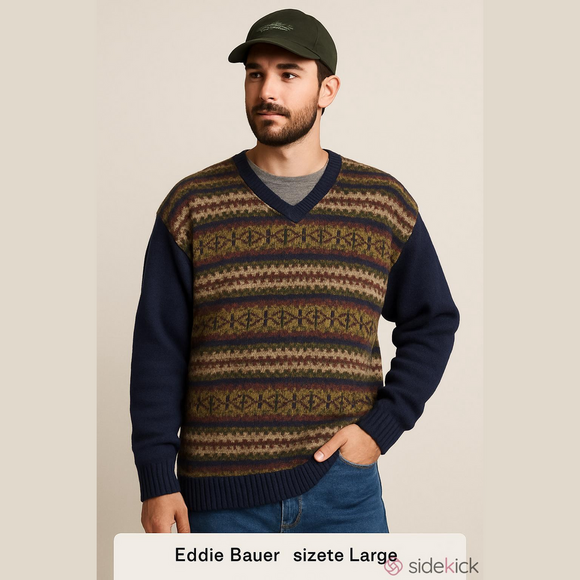 Vintage Sweater chunky Knit Fair Isle Cotton Wool blend earth tones EDDIE BAUER - Picture 1 of 15